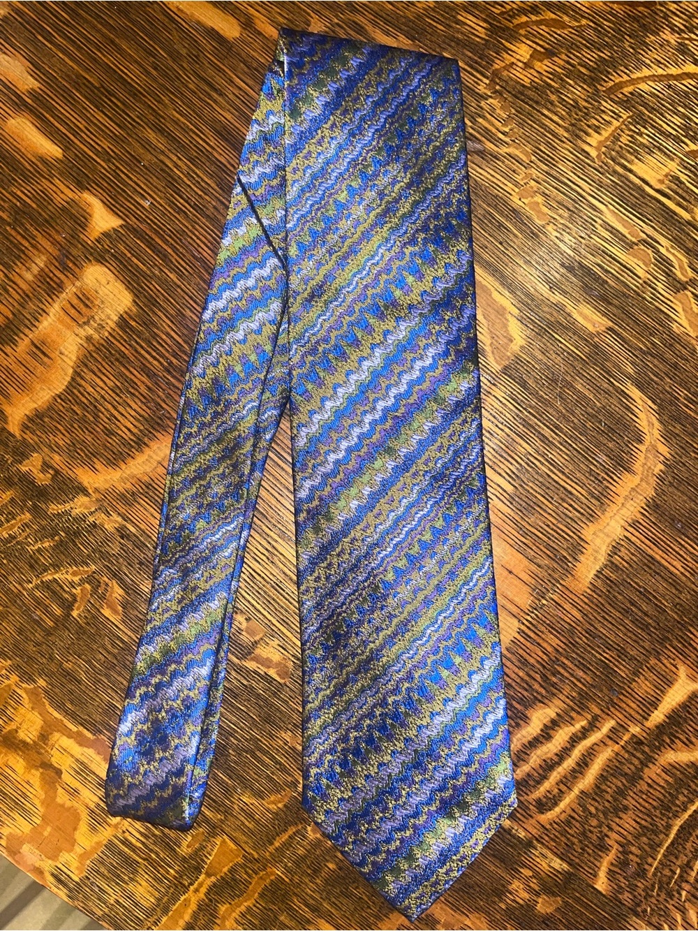 MISSONI Italy 100% Silk Tie Zig Zag Chevron Blue Green Gold